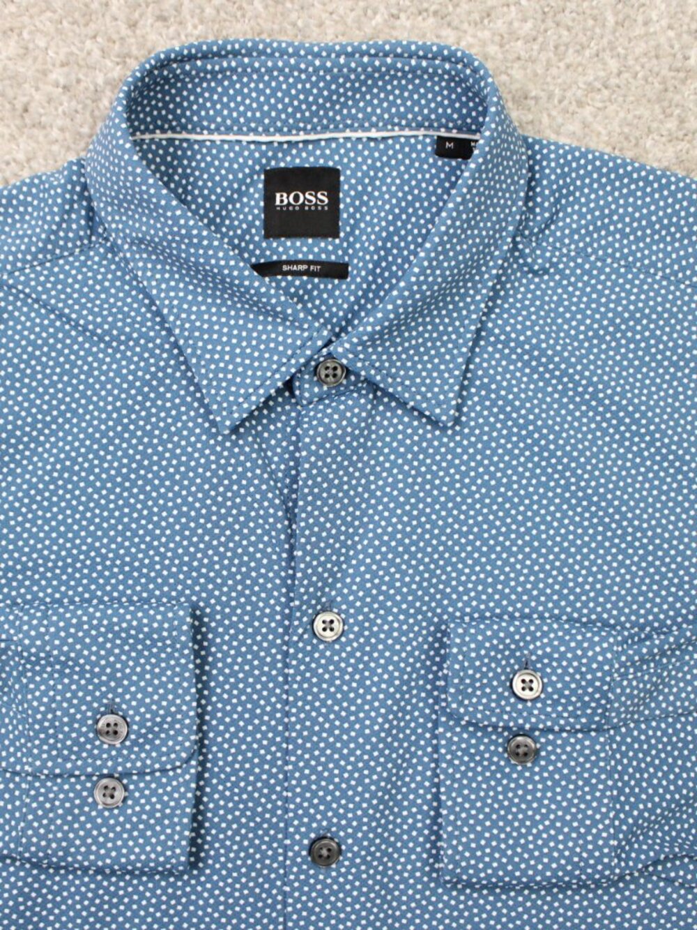 BOSS Hugo Boss Shirt Mens Medium Blue Geometric Robbie Sharp Fit Stretch L/S